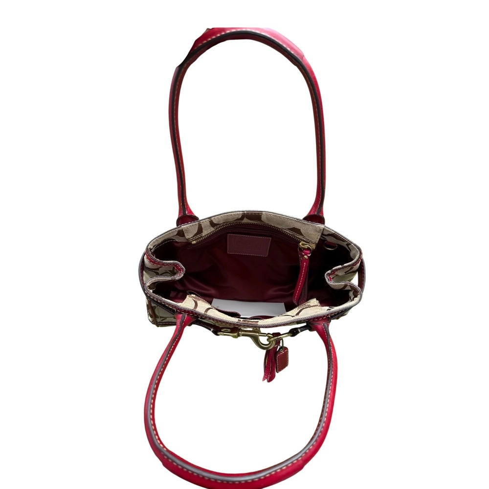 Coach Hampton Signature Khaki Red Leather Trim Satchel Handbag Gold Hardware Y2K - Picture 7 of 7